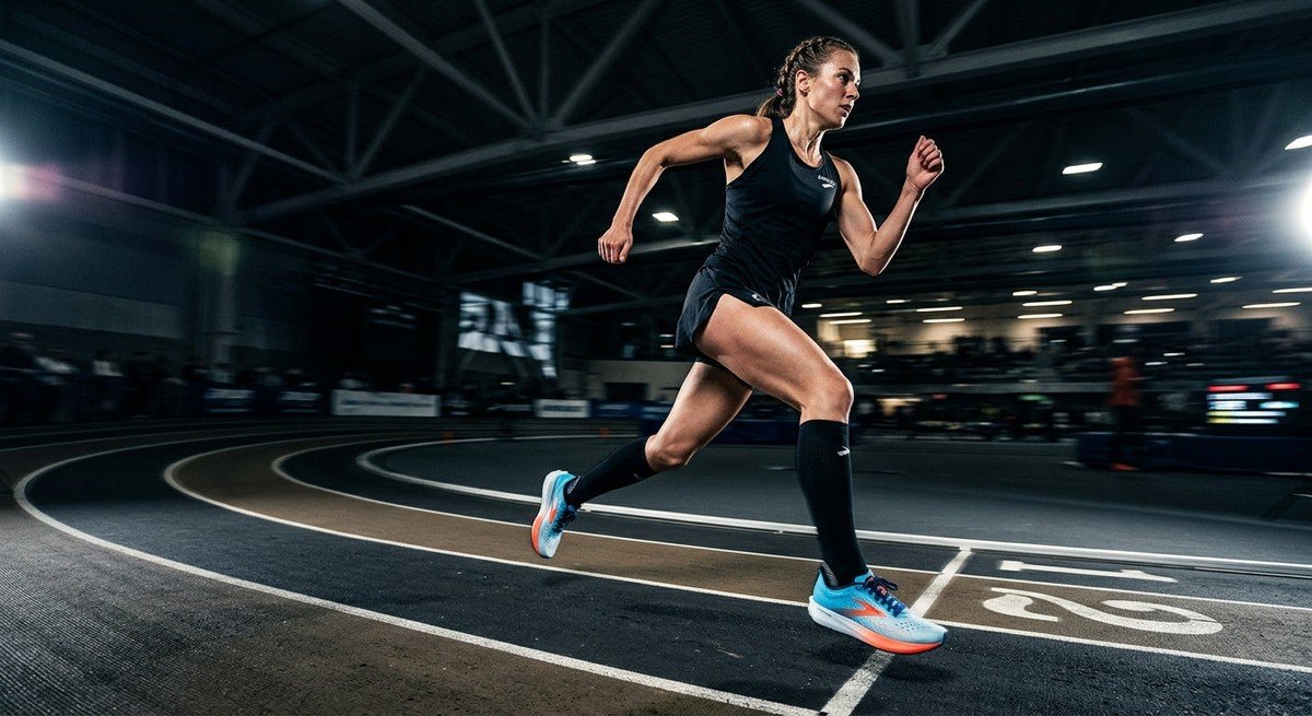 Brooks Hyperion 3 running shoes in action on an indoor track with dramatic high-speed lighting.