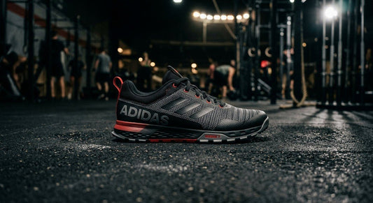 A side-profile shot of the Adidas Dropset 3 resting on a dark, textured rubber gym floor with dramatic cinematic stadium lighting.