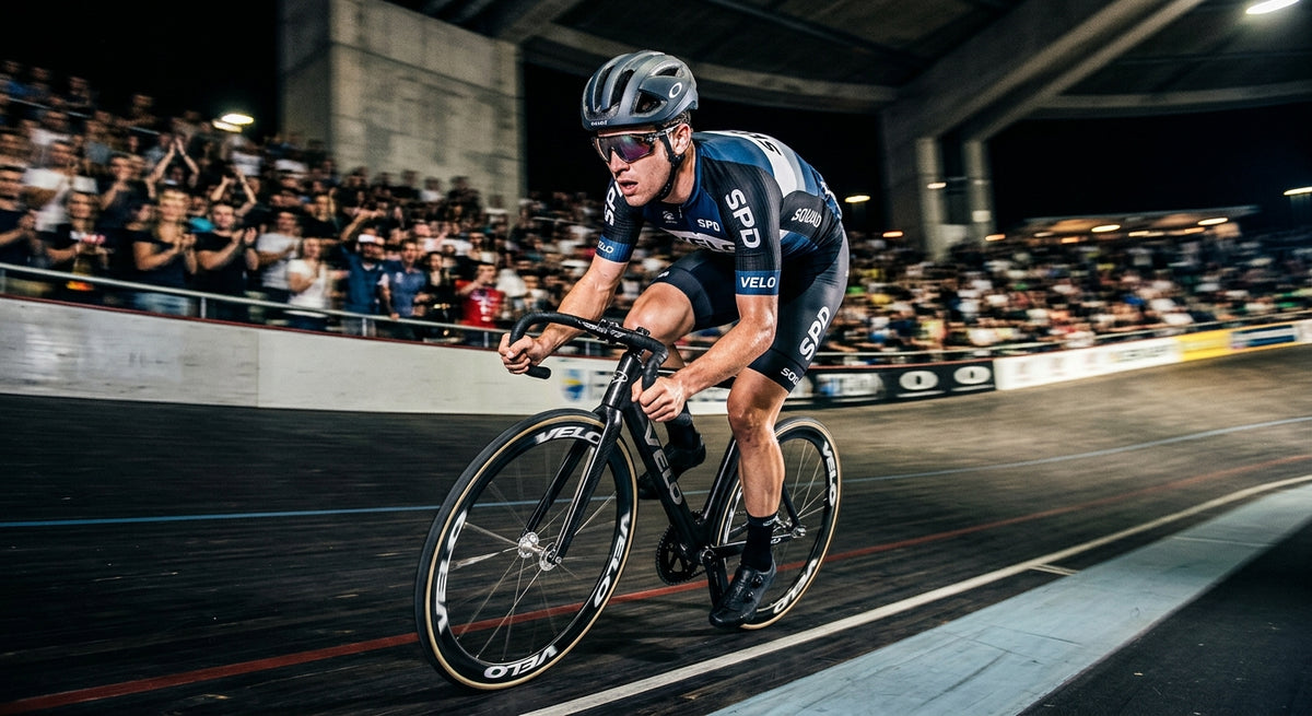 Professional cyclist wearing Oakley Sphaera Strike sunglasses during a high-speed sprint in a stadium, featuring motion blur and sharp contrast.