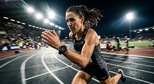 A close-up, high-speed action shot of a professional athlete wearing a sleek Vallon Watchtower, captured with dramatic stadium lighting and motion blur.