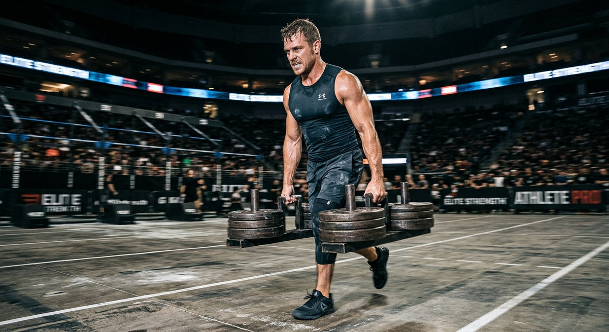 A hybrid athlete performing a heavy farmers carry with intense focus in a dark, dramatic stadium environment with motion blur.