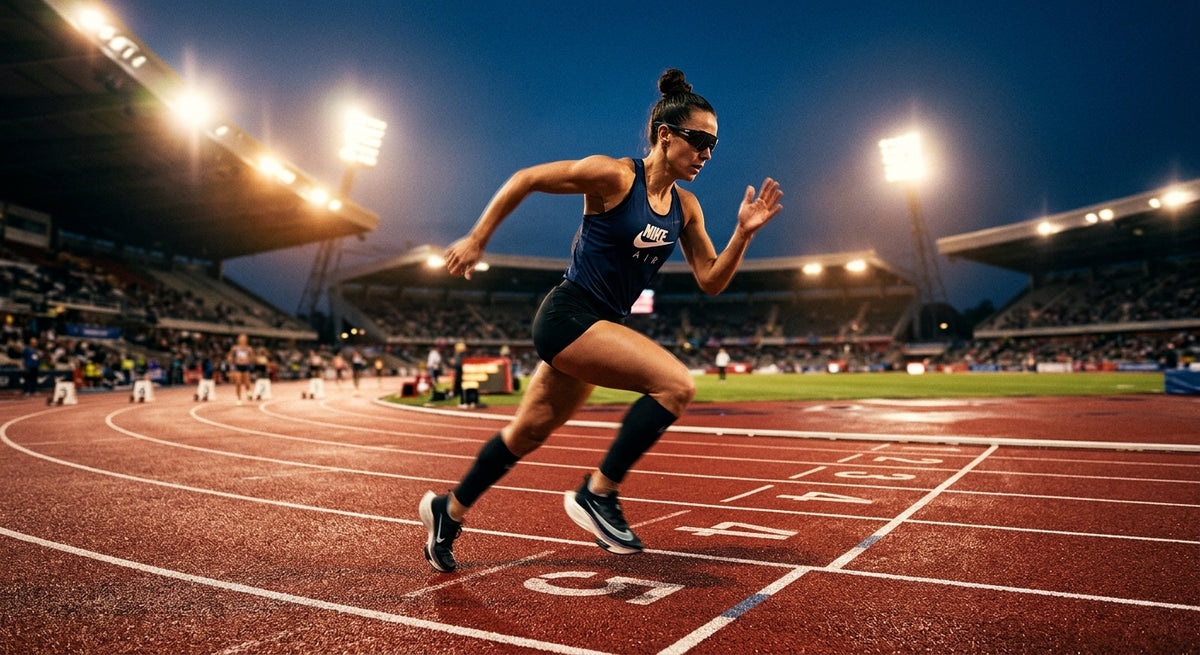 A professional athlete running on a track at dusk, wearing high-performance Nike Vision Airlift sunglasses with sharp motion blur and cinematic stadium lighting.