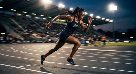 A professional athlete wearing Nike Vision Fusion Flow sunglasses during a high-speed sprint on a track at dusk, featuring cinematic stadium lighting and motion blur.