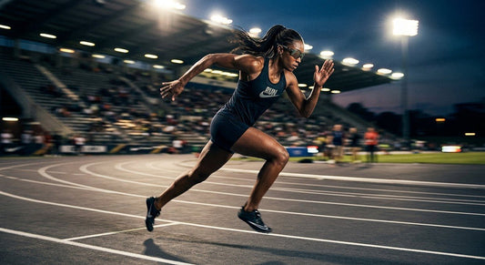 A professional athlete wearing Nike Vision Fusion Flow sunglasses during a high-speed sprint on a track at dusk, featuring cinematic stadium lighting and motion blur.