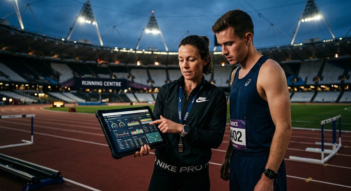 A professional running coach analysing athlete performance data on a high-end tablet screen with dramatic stadium lighting in the background.