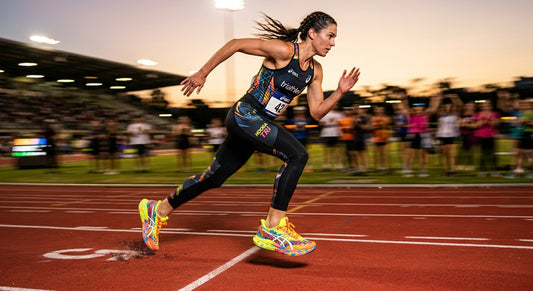 ASICS Noosa Tri 17 athletic shoe in a high-speed motion blur shot on a professional track
