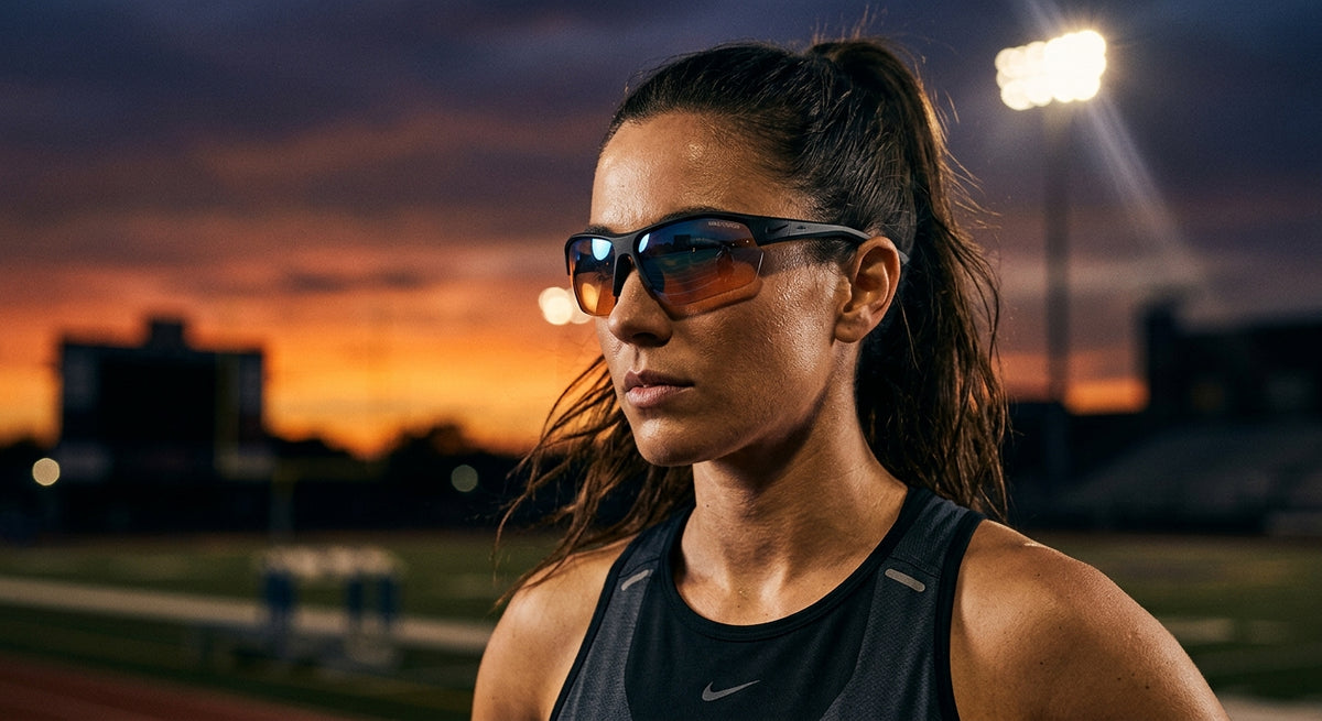 A close-up of the Nike Vision Flyfree Soar sunglasses featuring a sleek aerodynamic frame with a cinematic sunset background and dramatic stadium lighting