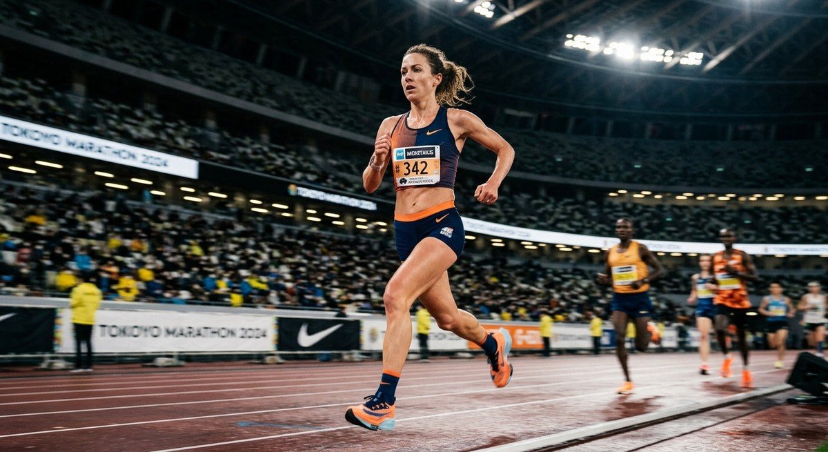 A professional marathon runner in mid-stride with intense focus, captured in high-speed motion blur against a dramatic, dimly lit stadium background.