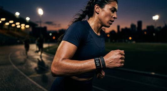 A close-up of a professional athlete wearing a sleek, high-tech fitness tracker on their wrist during an intense, moody twilight training session.