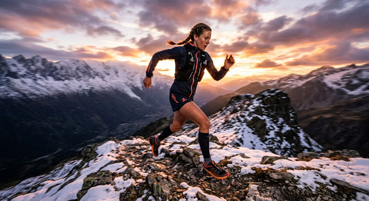 A professional ultra-runner sprinting across a jagged, snow-dusted alpine ridge at sunset with dramatic cinematic lighting and motion blur.