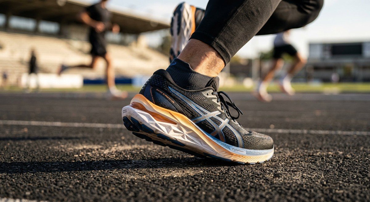 A close-up of the ASICS Excite 12 prototype showing the intricate engineered mesh texture and the new midsole foam geometry.