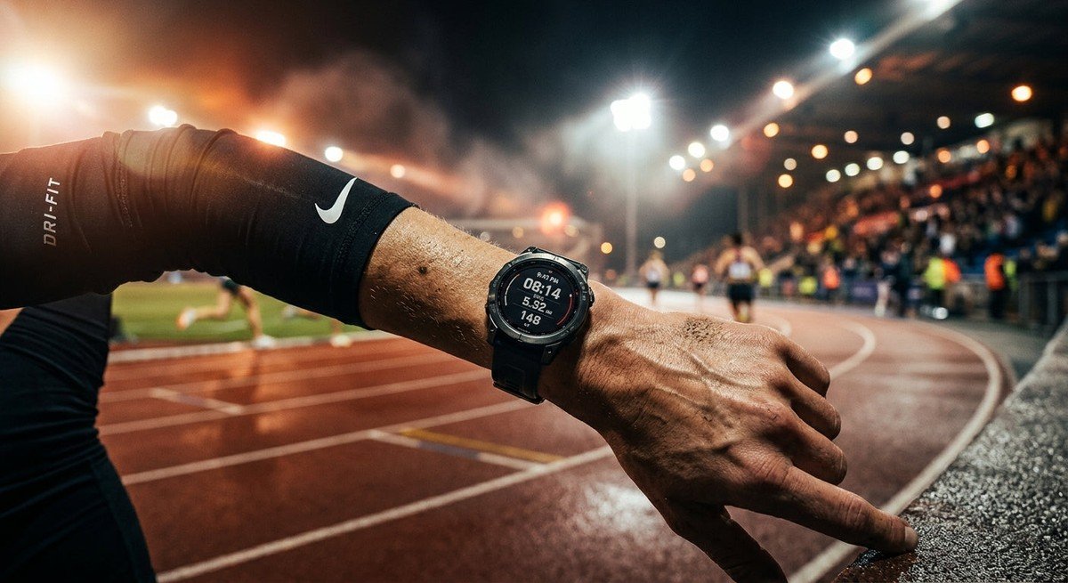 A close-up shot of a runner's wrist wearing a sleek GPS watch with cinematic stadium lighting in the background.