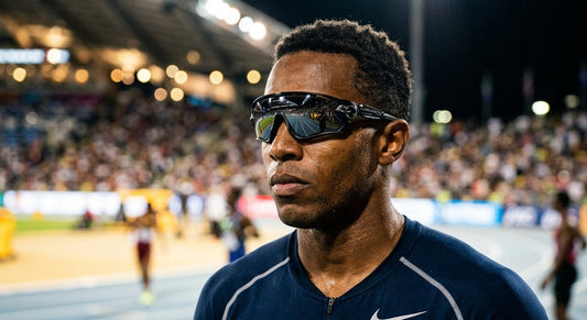 A close-up shot of an athlete wearing sleek polycarbonate sports glasses with sharp focus on the lens texture and stadium lights reflecting in the background.