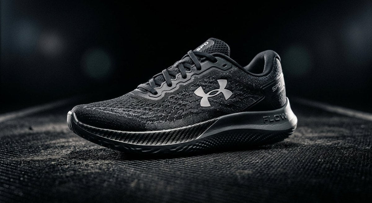 A sleek, high-performance Under Armour Velociti SPD shoe captured in a dramatic, dark studio setting with sharp lighting highlighting the carbon plate texture.