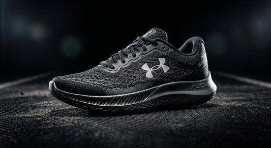 A sleek, high-performance Under Armour Velociti SPD shoe captured in a dramatic, dark studio setting with sharp lighting highlighting the carbon plate texture.
