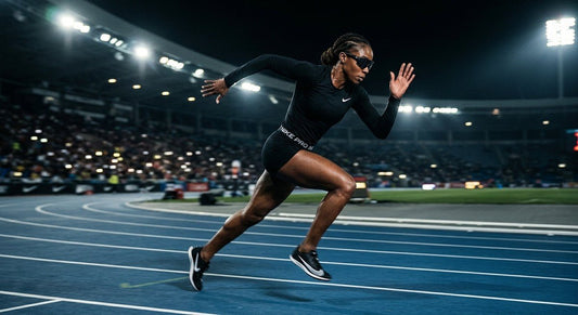 A professional athlete wearing Nike Vision Prima Icon sunglasses during a high-speed sprint on a track with dramatic stadium lighting.