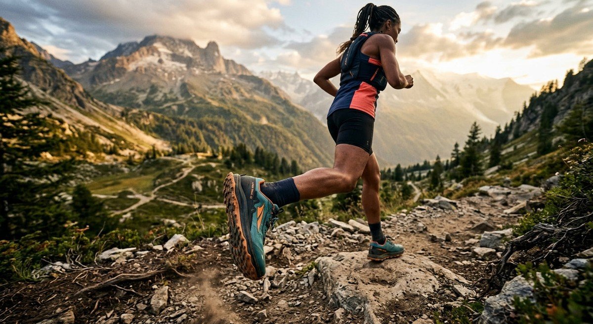 Side profile view of the Altra Lone Peak 10 trail running shoe on a rugged mountain path.