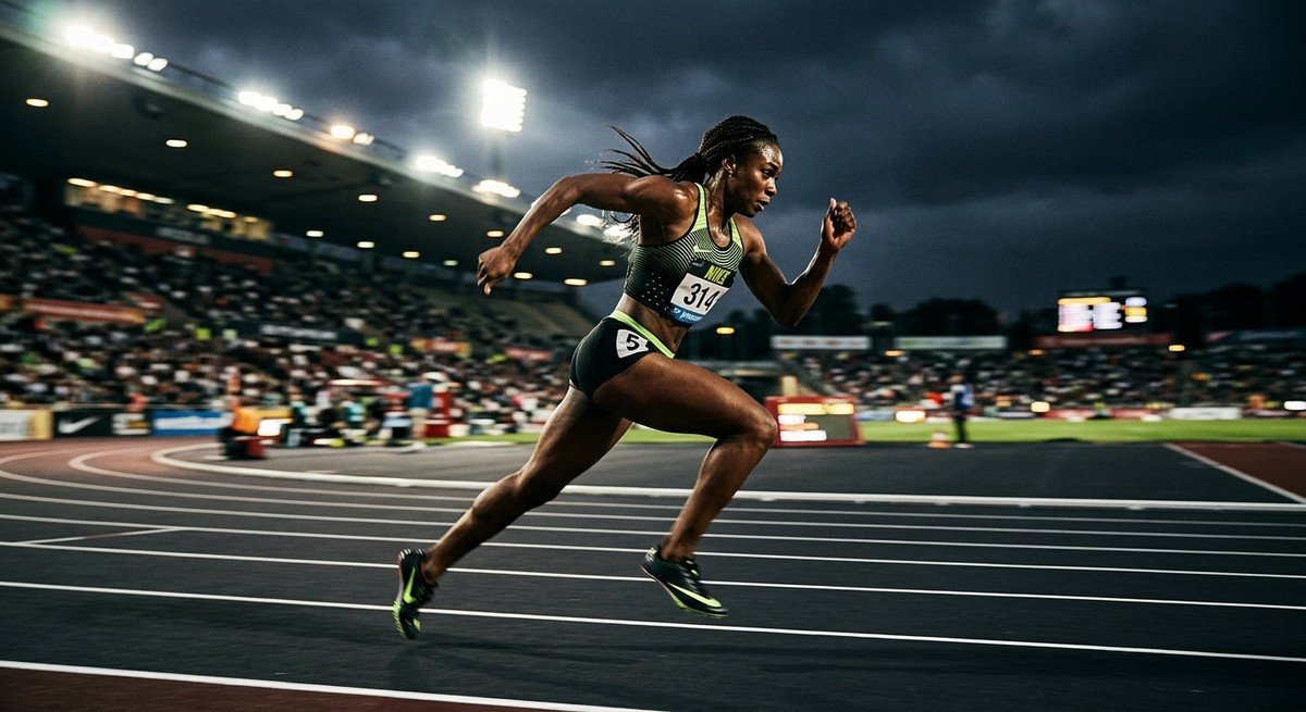 A professional athlete sprinting on a track under dramatic stadium lighting with motion blur emphasizing speed.