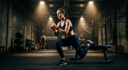 A professional runner performing a single-leg Bulgarian split squat in a dimly lit, high-end gym with cinematic stadium-style overhead lighting.