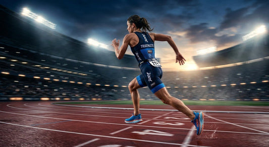A professional triathlete in a blurred motion running sprint at dawn with cinematic stadium lighting.
