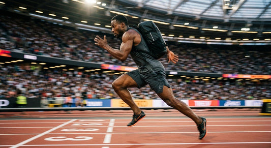 A professional high-speed action shot of a muscular athlete sprinting in a stadium, carrying a sleek Built For Athletes 35L backpack, captured with cinematic motion blur.