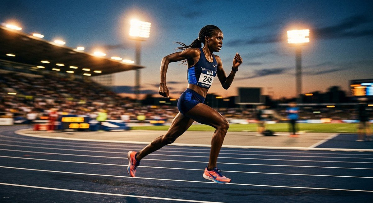 A professional marathon runner sprinting on a track at dusk with dramatic stadium lighting and motion blur.