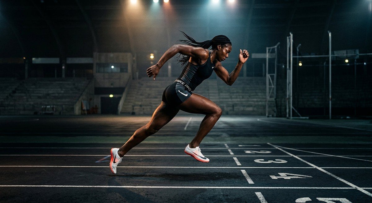 A professional athlete in a high-speed sprint across a dark, moody stadium floor with cinematic lighting.