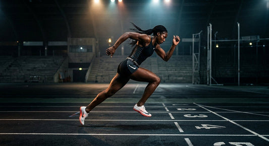 A professional athlete in a high-speed sprint across a dark, moody stadium floor with cinematic lighting.