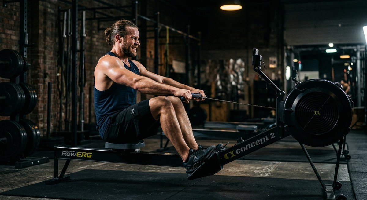 Professional athlete performing a powerful rowing stroke on a Concept2 rower in a dimly lit, moody gym environment with cinematic lighting.
