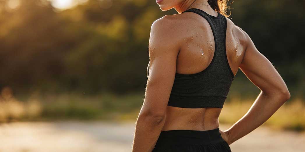 A full-length photo of a female athlete standing with tall, healthy posture to illustrate back strength and resilience.