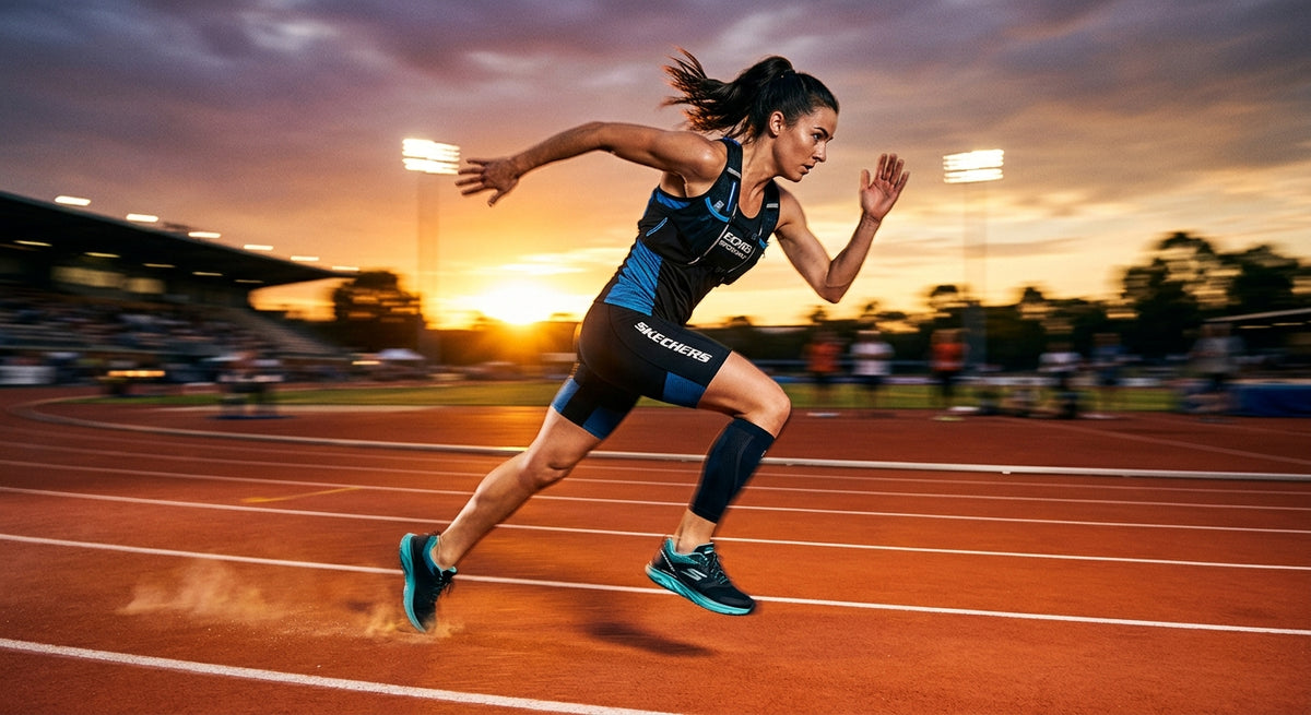 Professional athlete wearing Skechers Aero Spark 2 running along a track at sunset with motion blur.