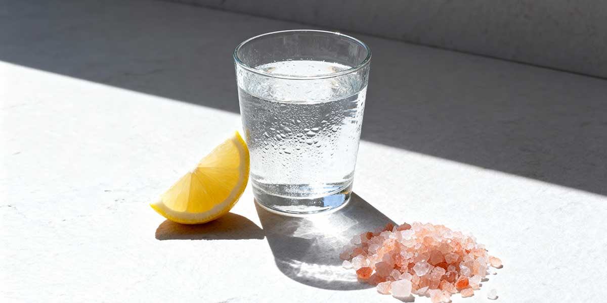 A glass of cold water with a lemon wedge and pink sea salt, representing natural hydration.