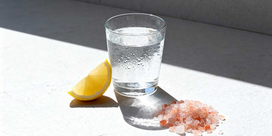 A glass of cold water with a lemon wedge and pink sea salt, representing natural hydration.