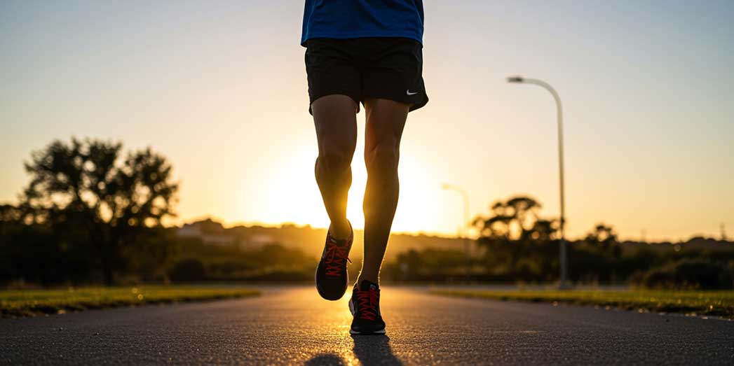 A male runner running on a road with a natural heel strike landing captured from a low angle during sunrise.