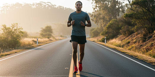 Full length view of an athlete running with good form on a road, illustrating the primal nature of human forward propulsion.