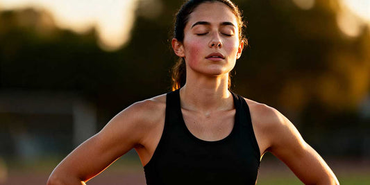 A runner practicing the physiological sigh breathing technique post-workout, standing with eyes closed to down-regulate the nervous system and shift into recovery mode.
