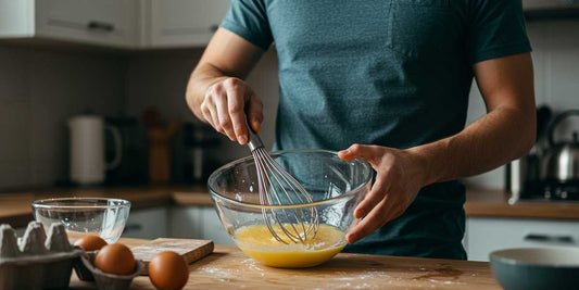 An athlete wearing a Sundried performance t-shirt preparing a high-protein egg white scramble in a kitchen.