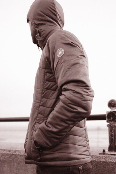 Castelli Meccanico Puffy Jacket Hood up Side Photo