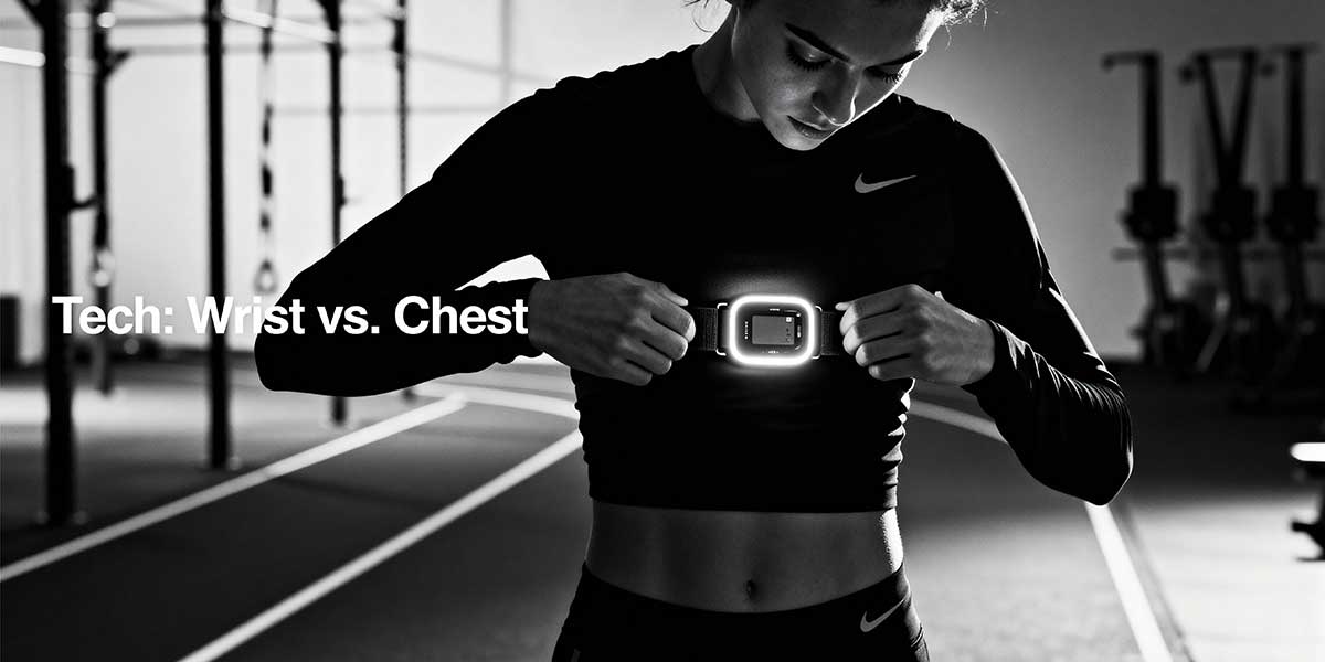 An athlete adjusting a chest strap heart rate monitor before a workout, representing the precise biomechanical tracking required for the analytical athlete.