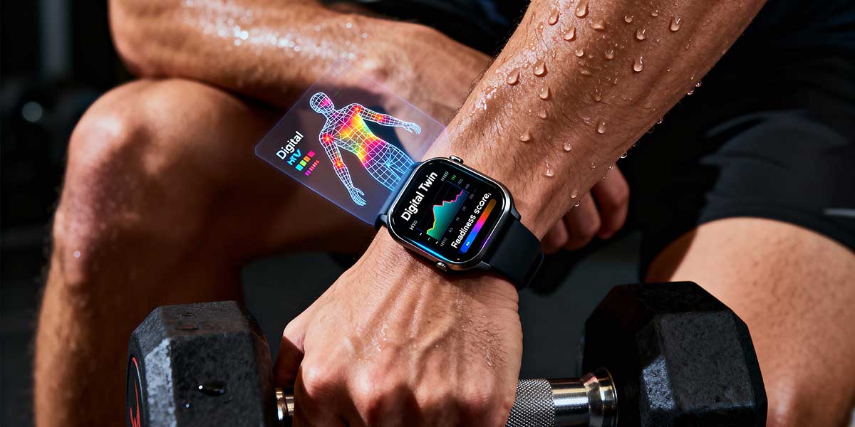 A close-up photograph of a high-performance athlete's wrist wearing an advanced biometric tracking device that displays real-time physiological data and predictive analytics during intense training.