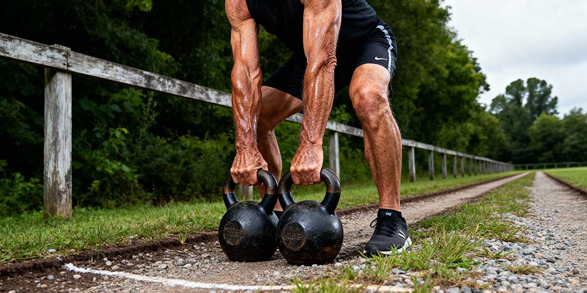 A powerful older athlete in their sixties with a muscular build performing a heavy loaded carry exercise outdoors, symbolizing functional longevity and the importance of muscle preservation over time.