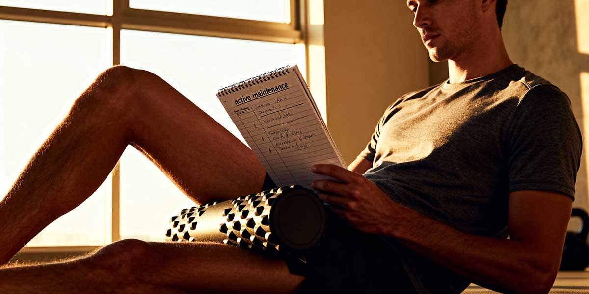 An athlete using a foam roller for active recovery and muscle maintenance, demonstrating the importance of deload weeks and physiological adaptation.