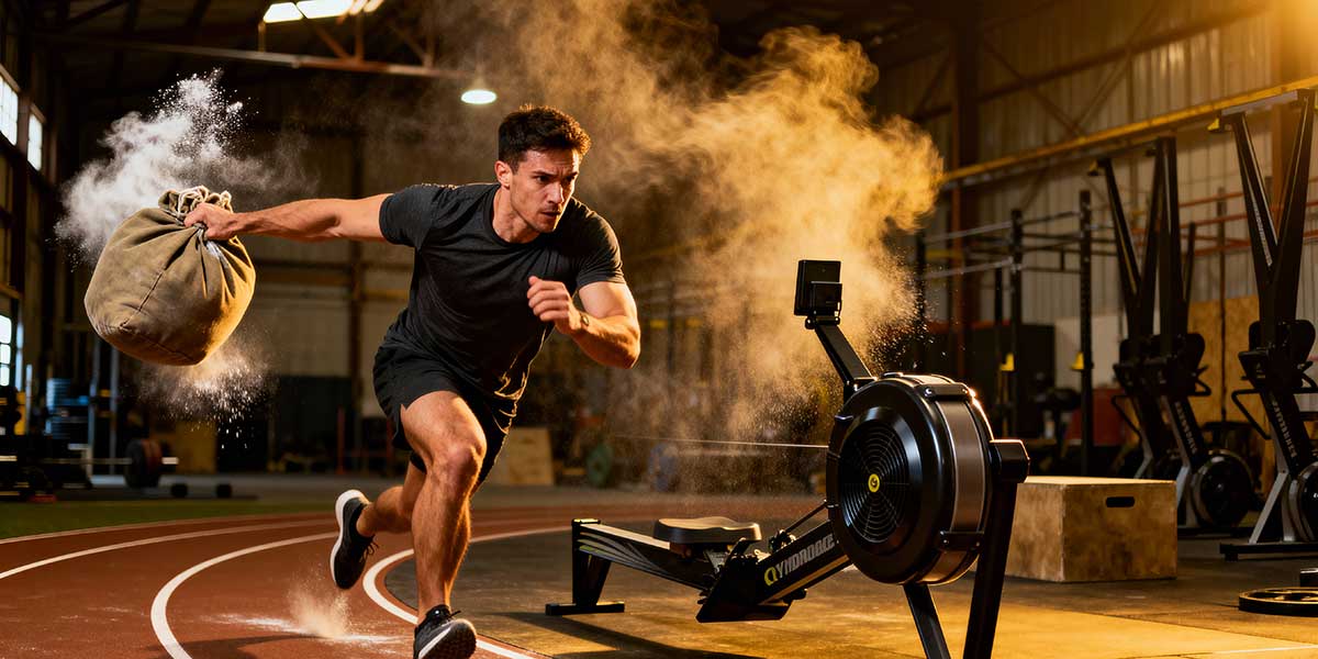 An action shot of a hybrid athlete in a functional fitness facility transitioning immediately from a heavy resistance exercise to a cardiovascular sprint, illustrating strength endurance.