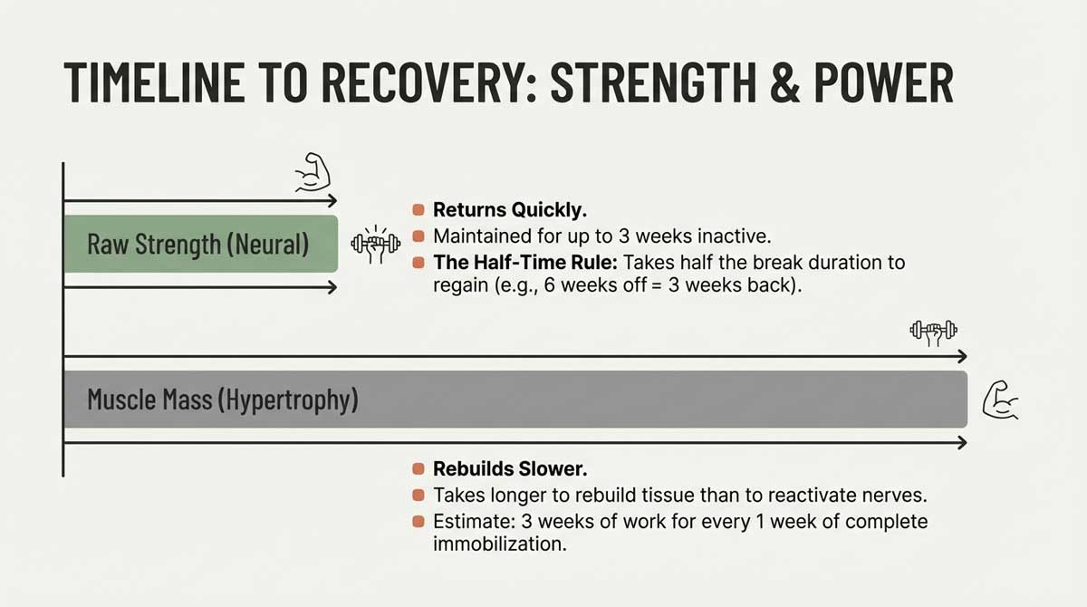 Timeline to Recovery for Strength and Power showing neural vs hypertrophy recovery