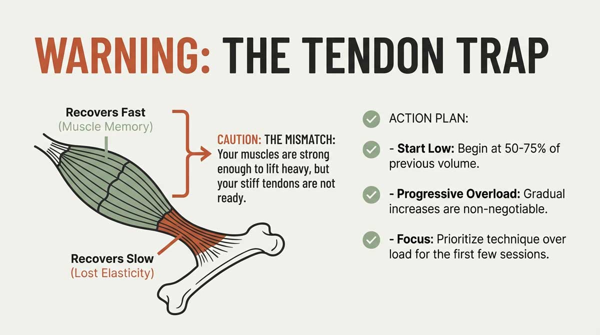 Warning diagram about the Tendon Trap: Muscle recovers faster than tendon elasticity