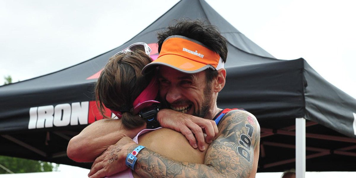 Paul Suett Hugging Ironman 70.3 Race Triathlon