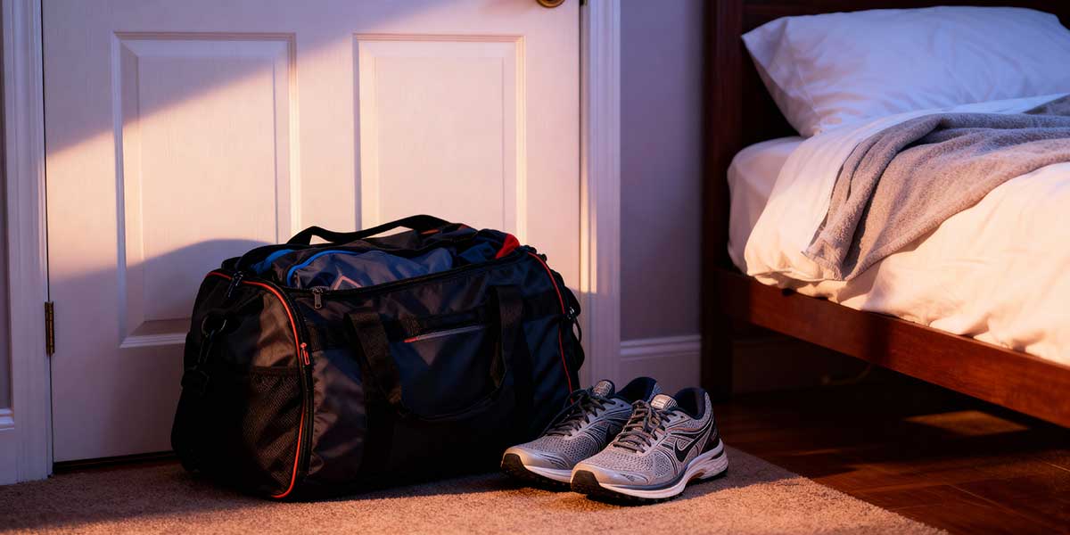 A packed gym bag and running shoes placed neatly by a front door, visualizing the concept of habit stacking and environmental design to reduce training friction.