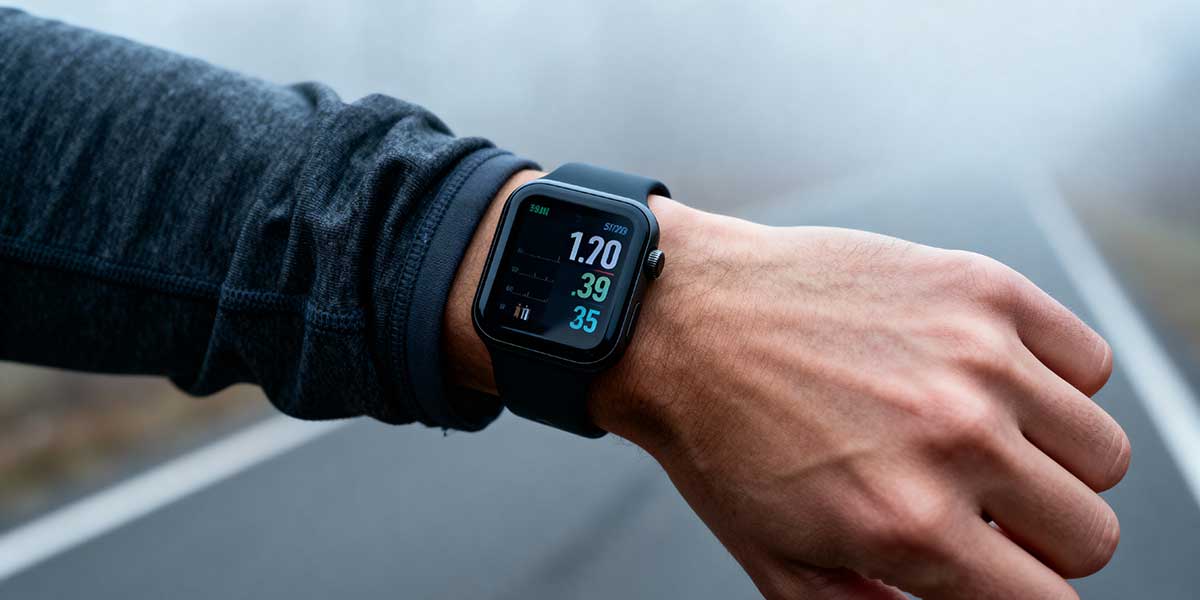 A runner checking heart rate data on a smartwatch during a training session, representing the shift from outcome goals to process goals and data-driven load management.