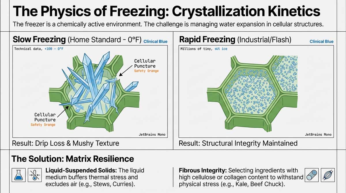 Microscopic view of ice crystals puncturing plant cells vs rapid freezing
