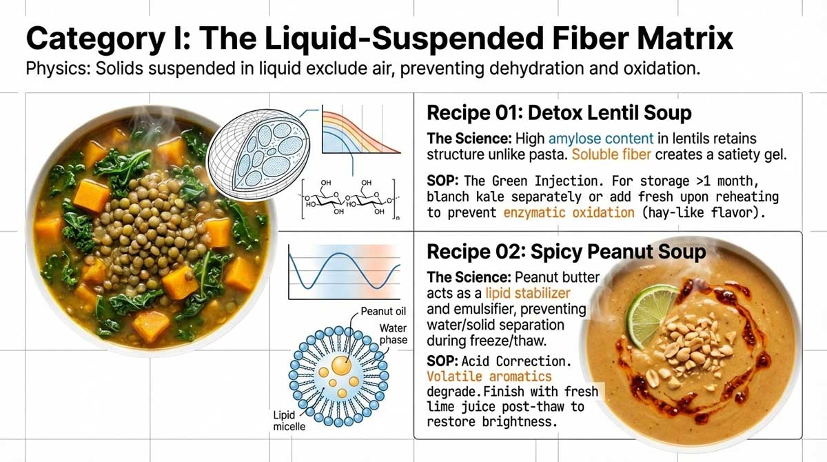 Liquid-Suspended Fiber Matrix examples: Lentil soup and Spicy Peanut soup